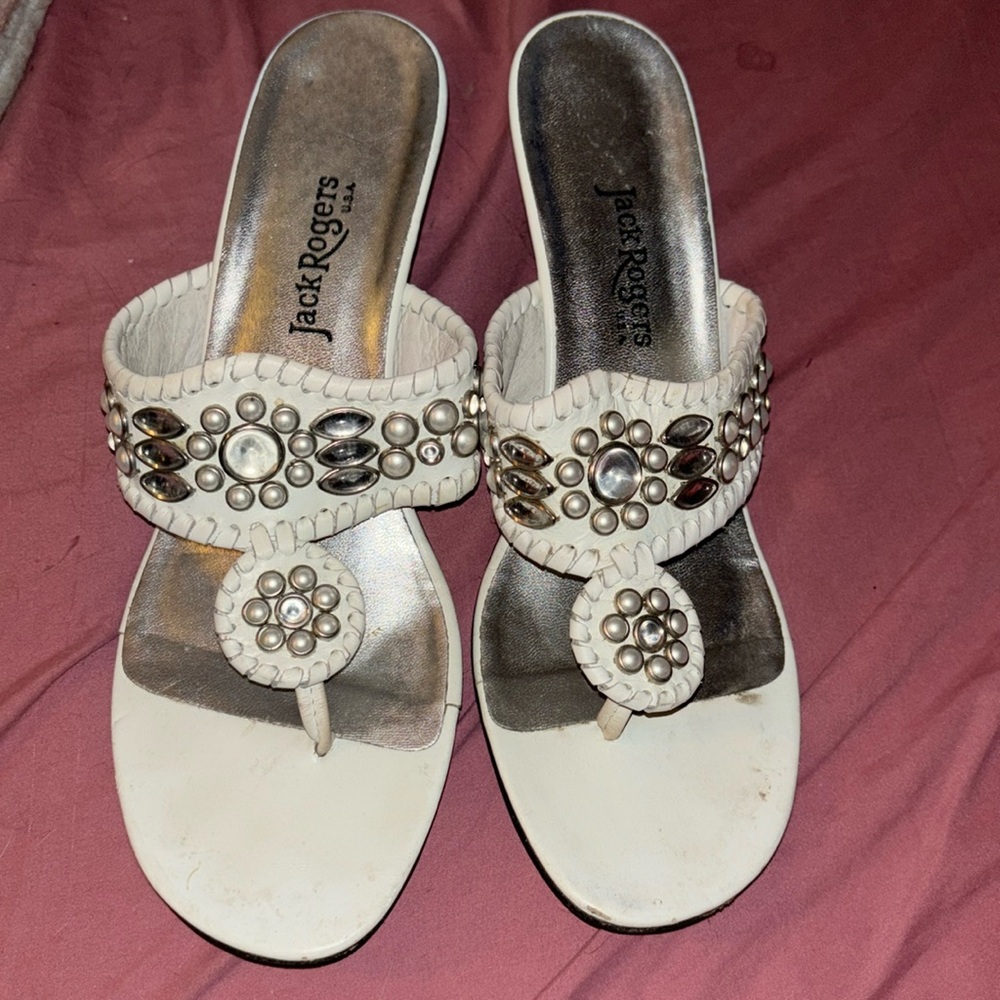 Jack Rogers Zsa Zsa white and silver jeweled kitten heel sandal size 9.5